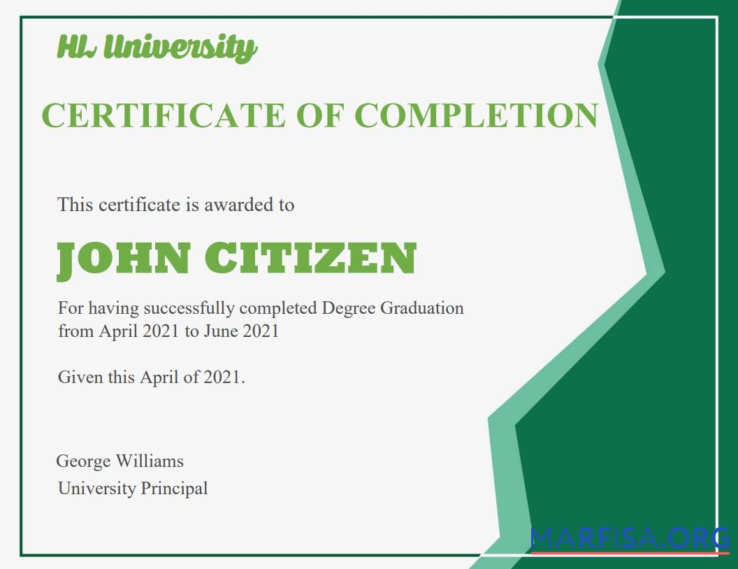 Realistic USA Completion & Graduation Ceremony cert real example